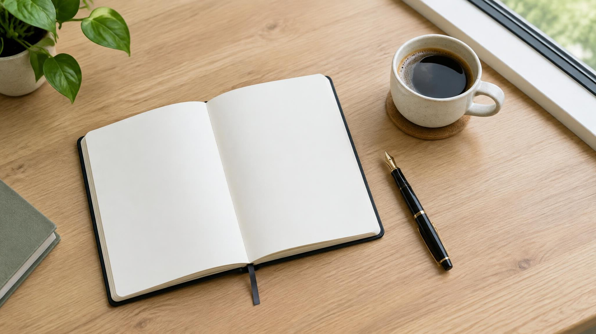 Open notebook, pen and cup of coffee on a wooden desk near a window