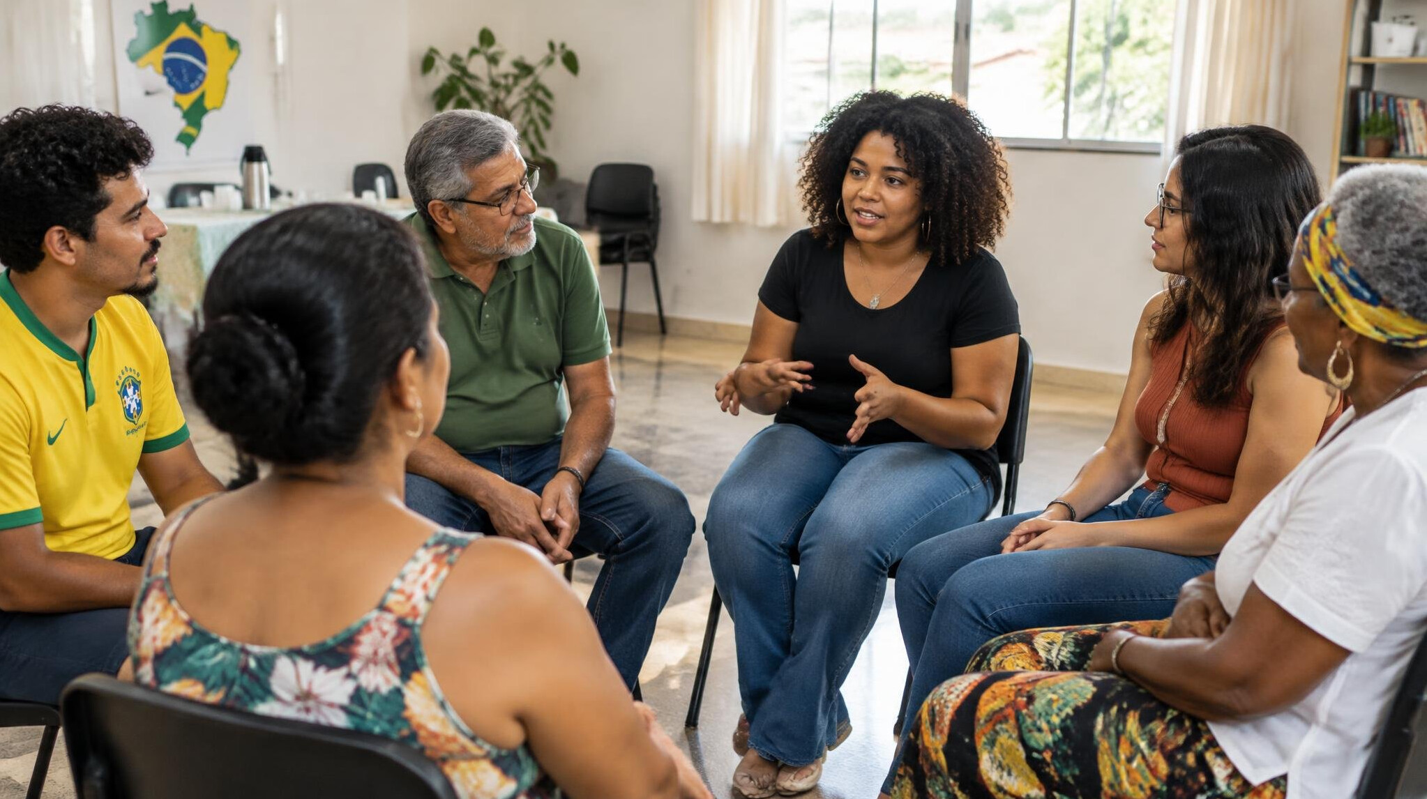 Diverse group of Brazilian people sitting in a circle during a discussion workshop