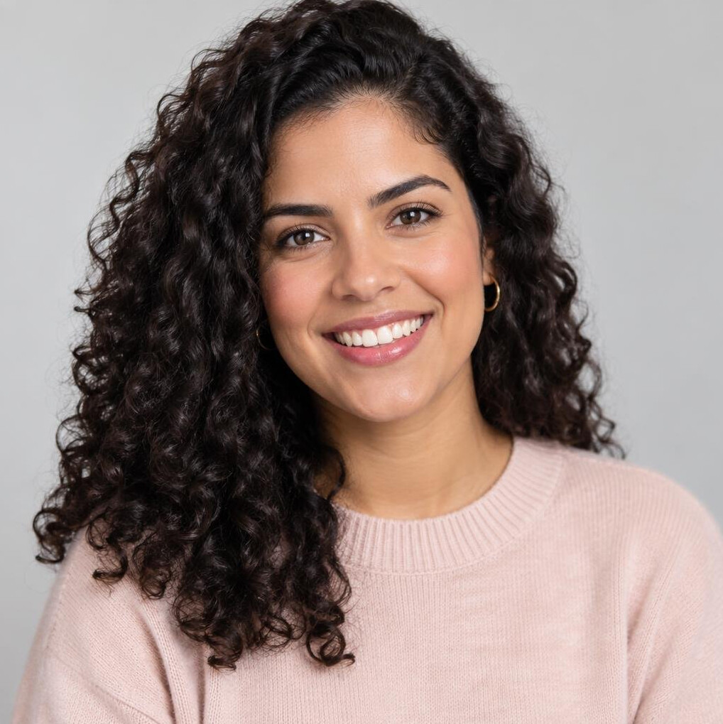 Studio portrait of a young Brazilian woman with curly hair smiling