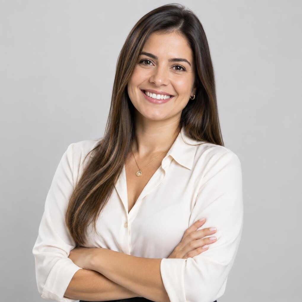 Studio portrait of a Brazilian woman in her 30s smiling with arms crossed